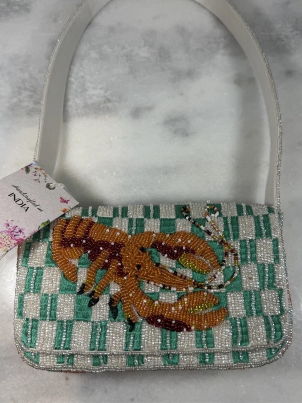 Made In India Beaded Orange Lobster Crawfish Shrimp Crab Aqua Purse NWT
